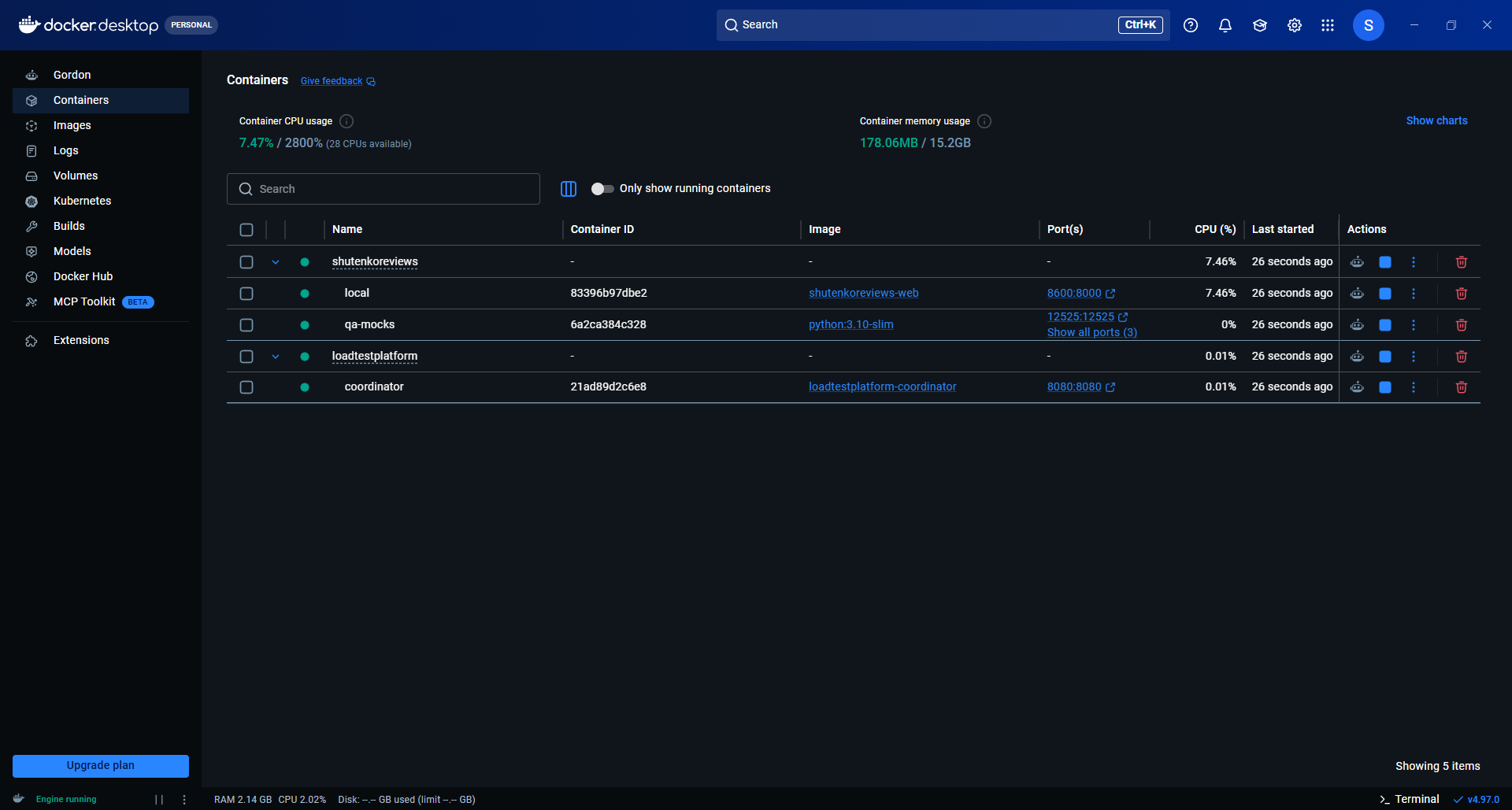 Docker Desktop: локальные контейнеры Sentinel, тестовых заглушек и PulseBench